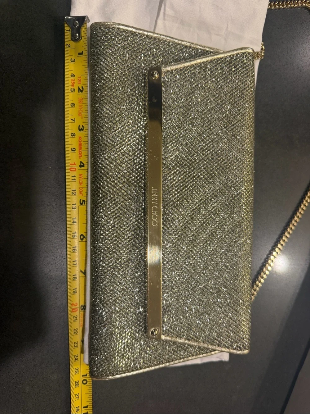 Jimmy Choo Metallic Gold Glitter Envelope Clutch with Chain
